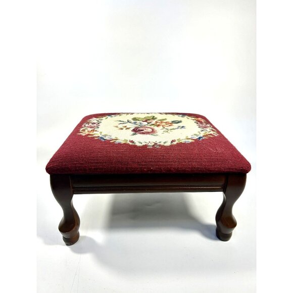 Mahogany Footstool Floral Needlepoint Cushion Foot Rest Vintage Flowers Burgandy - Picture 13 of 16